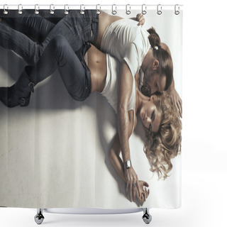 Personality  Woman With Perfect Body Hugged By Man Shower Curtains