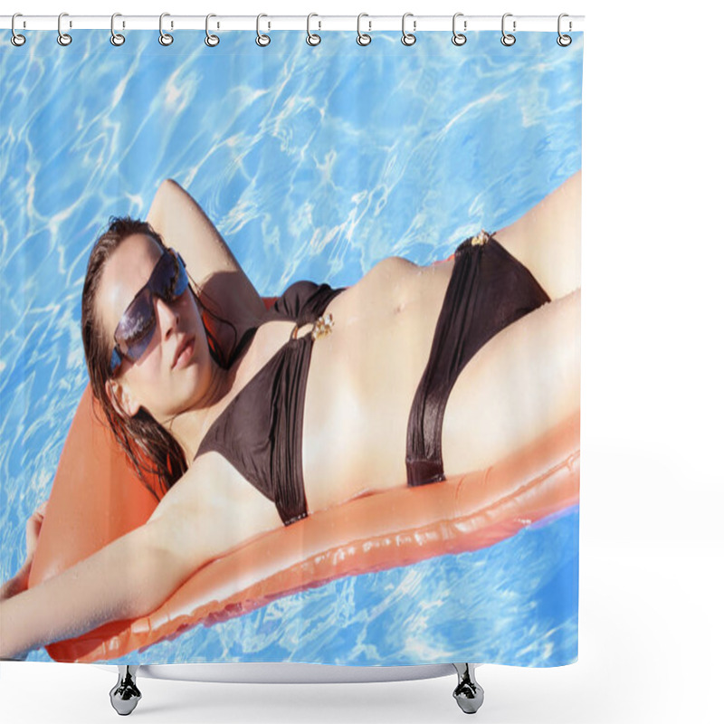 Personality  Young Woman In Bikini Relaxing On The Inflatable Mattress Shower Curtains