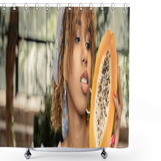Personality  Portrait Of Young African American Woman In Headscarf Holding Fresh Cut Papaya While Spending Time In Blurred Indoor Garden At Background, Stylish Lady Blending Fashion And Nature, Banner  Shower Curtains