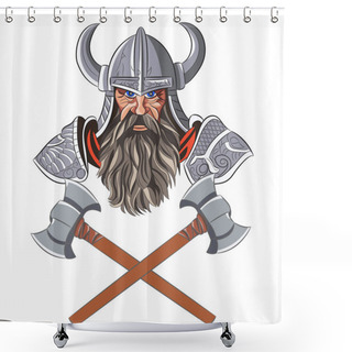 Personality  The Head Of A Viking Warrior In A Helmet With Horns Against The Background Of Two Crossed Axes. Vector Illustration. Shower Curtains