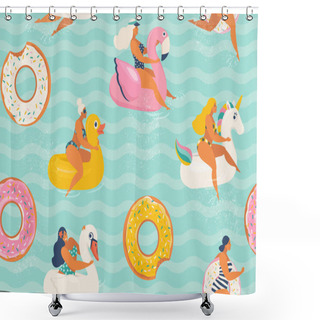 Personality  Young Women Relaxing And Sunbathing On Inflatable Rings Of Different In Shape Of Duck, Unicorn, White Swan, Donut, Flamingo In Swimming Pool. Vector Illustration. Shower Curtains