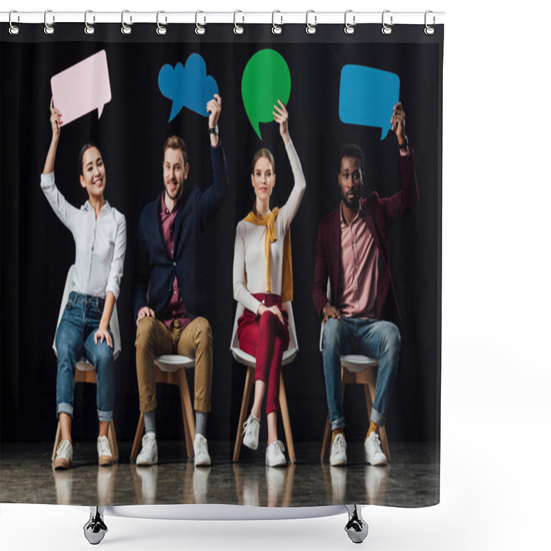 Personality  Smiling Multiethnic People Holding Speech Bubbles And Thought Bubble Isolated On Black Shower Curtains