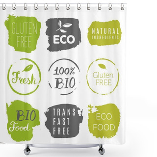Personality  Healthy Food Icons, Labels. Organic Tags. Natural Product Elemen Shower Curtains
