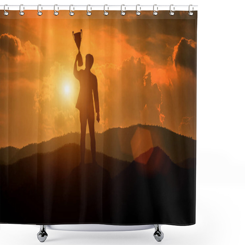 Personality  Silhouette Of A Man Holding A Trophy Cup. Success Concept. Shower Curtains