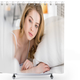 Personality  Beautiful Blonde Girl Lying On Bed In Morning Shower Curtains