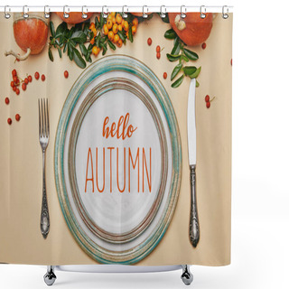 Personality  Top View Of Plates And Pumpkins With Firethorn Berries On Thanksgiving Table With HELLO AUTUMN Lettering Shower Curtains