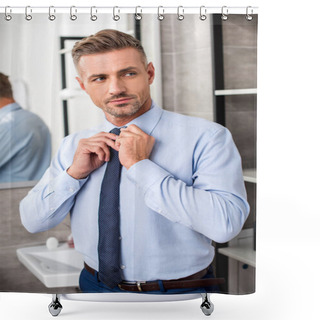 Personality  Serious Adult Businessman Tying Necktie In Bathroom  Shower Curtains