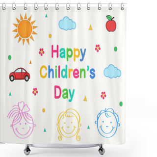 Personality  Illustration Of Smiling Kids Near Happy Childrens Day Lettering On White Shower Curtains