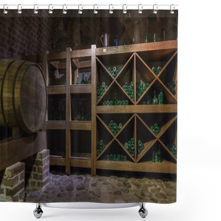 Personality  Wine Barrel And Bottles In Wine Cellar In Mir Castle. Mir, Grodno Region, Belarus. Shower Curtains