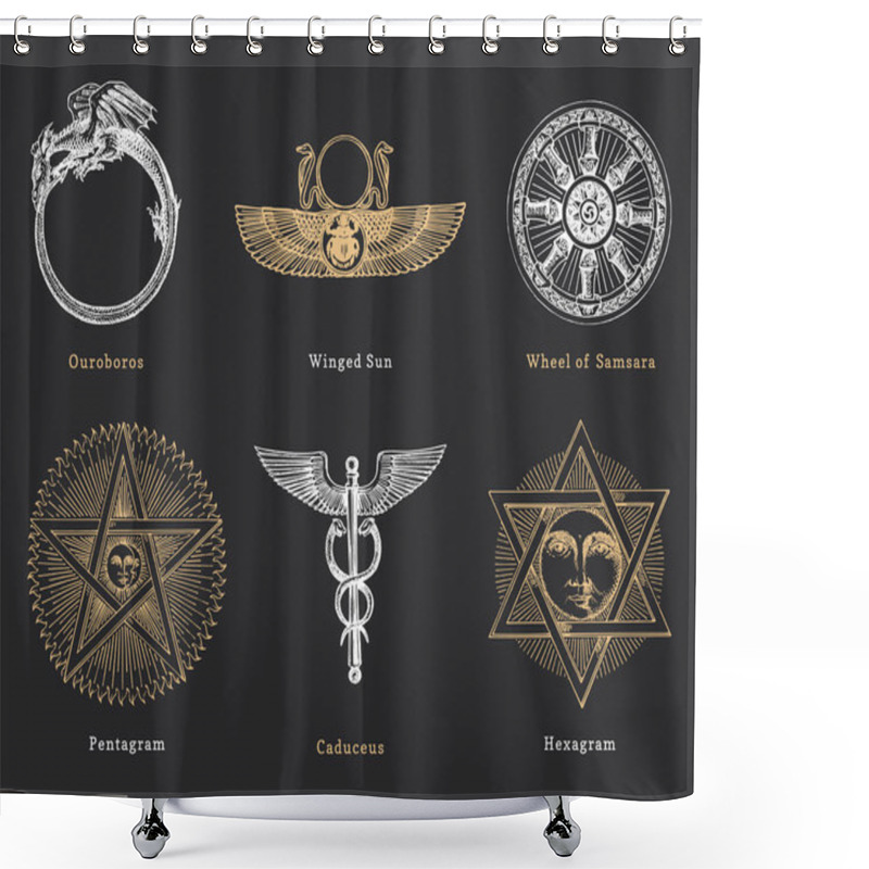 Personality  Drawn Sketches Of Mystical Symbols. Set Of Vector Illustrations. Vintage Pastiche Of Esoteric And Occult Signs. Shower Curtains