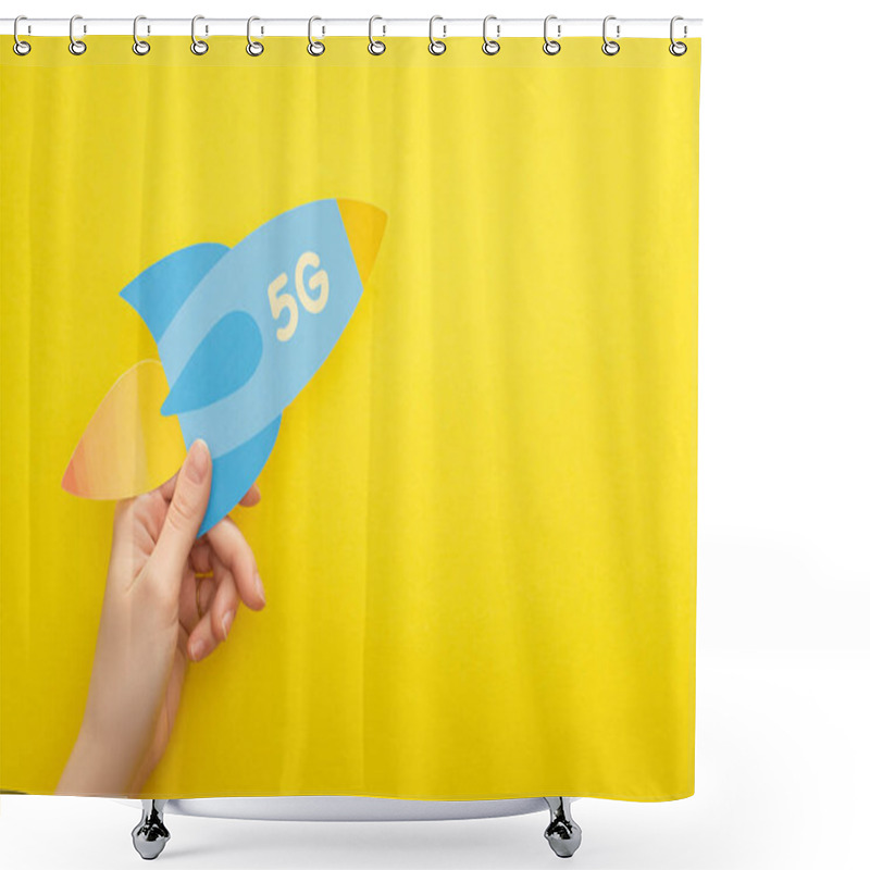Personality  cropped view of woman holding paper rocket with 5g lettering on yellow background shower curtains