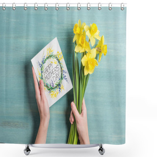 Personality  Card And Daffodils In Hands Shower Curtains
