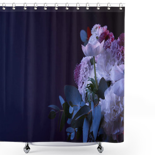 Personality  Bouquet Of Different Flowers And Green Leaves On Dark Shower Curtains