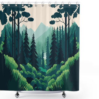 Personality  Landscape Of Nature Green Forest Mountain. Vector Illustration In Flat Color Cartoon Style. Shower Curtains