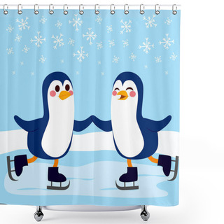 Personality  Two Cute Penguins Skating Together On Frozen Winter Day Shower Curtains