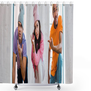 Personality  Panoramic Shot Of Stylish Multicultural Men In Hats Breakdancing With Beautiful Young Woman  Shower Curtains