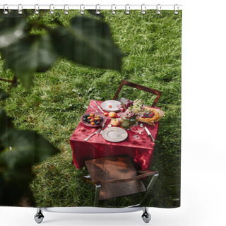 Personality  High Angle View Of Table With Food And Drinks In Green Garden Shower Curtains