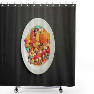 Personality  Top View Of Delicious Multicolored Caramel Candies And Citrus Jellies In White Plate On Black Background  Shower Curtains