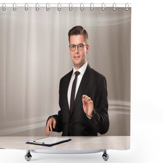 Personality  Televison Host In Live Show With Blank Background Shower Curtains