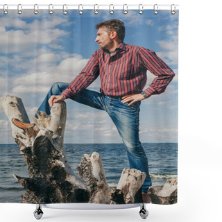 Personality  Man With A Beard On A Riverbank On An Old Floating Log Stands High And Looks Fa Shower Curtains