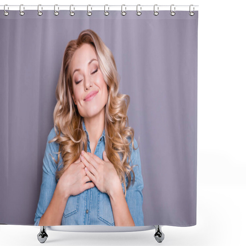 Personality  Close Up Photo Amazing Beautiful She Her Lady Hold Arms Hands On Heart Eyes Closed Hopeful Dreamer Overjoyed Inner Harmony Wearing Casual Jeans Denim Shirt Clothes Outfit Isolated Grey Background Shower Curtains
