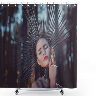 Personality  Portrait Of Beautiful Woman In Witch Costume With Crown On Head Closing Eyes, Holding Hands Near Face Shower Curtains