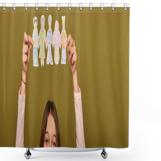 Personality  Cropped View Of Preteen Kid Holding Drawn Paper Characters Above Head During Child Protection Day Celebration On Khaki Background, Banner  Shower Curtains