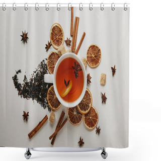 Personality  Flat Lay With Arranged Cinnamon Sticks, Anise Stars, Brown Sugar And Cup Of Hot Tea On White Background Shower Curtains