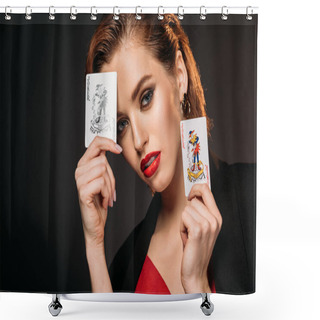 Personality  Portrait Of Attractive Girl In Red Dress And Black Jacket Holding Playing Cards Isolated On Black Shower Curtains