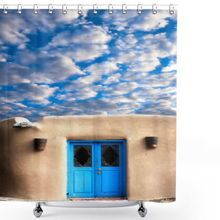 Personality  Unique Blue Door And A Dramatic Sky In Santa Fe, NM Shower Curtains