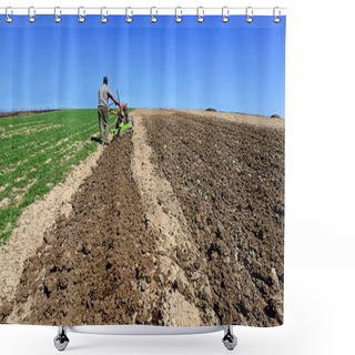 Personality  The Farmer Processes A Spring Field The Motor-block.  Shower Curtains