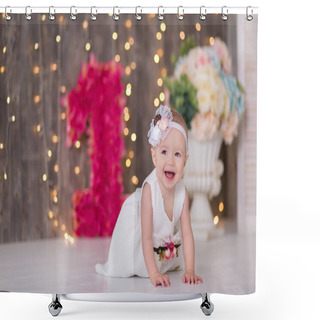 Personality  Cute Baby Girl 1-2 Year Old Sitting On Floor With Pink Balloons In Room Over White. Isolated. Birthday Party. Celebration. Happy Birthday Baby, Little Girl With Group Ball. Play Room. Shower Curtains