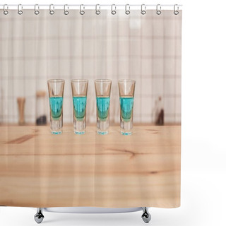 Personality  Blue Cocktails In Shot Glasses Standing On Bar Counter Shower Curtains