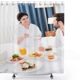 Personality  Cheerful Woman Holding Saucer And Cup While Looking At Man  Shower Curtains