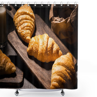 Personality  Selective Focus Of Fresh Baked Croissants On Towel And Wooden Cutting Board Near Paper Bag And Milk On Concrete Grey Surface In Dark Shower Curtains