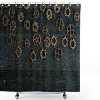 Personality  Top View Of Vintage Metal Gears On Dark Wooden Background Shower Curtains