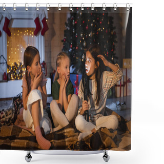 Personality  Preteen Girl Holding Flashlight And Talking To Scared Friends On Blanket Near Blurred Fireplace With Christmas Decor  Shower Curtains