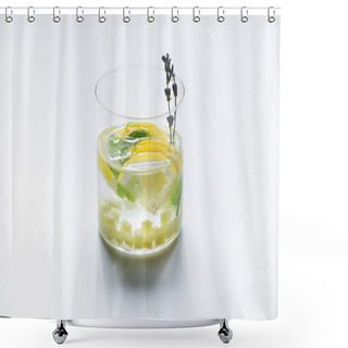 Personality  Fresh Ginger Lemonade In Glass With Mint And Lavender Branch On White Background Shower Curtains