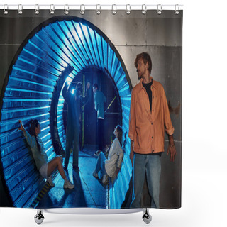 Personality  Multiethnic Group Of Friends Participating Thrilling Quest Room Adventure In Tunnel With Blue Light Shower Curtains