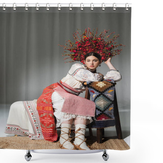 Personality  Full Length Of Pretty Ukrainian Woman In Traditional Dress And Red Wreath With Flowers And Berries On Grey Shower Curtains