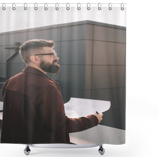 Personality  Handsome Adult Male Architect In Glasses Holding Blueprint On Rooftop Shower Curtains