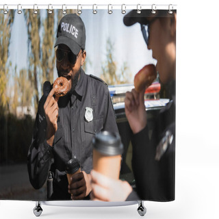 Personality  African American Policeman With Paper Cup Eating Doughnut With Blurred Colleague On Foreground Outdoors Shower Curtains