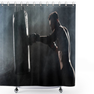 Personality  Silhouette Of Athlete In Boxing Gloves Hitting Punching Bag On Black With Smoke Shower Curtains
