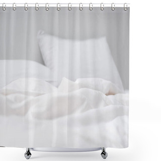 Personality  Selective Focus Of Empty Bed With White Pillows And Blanket  Shower Curtains