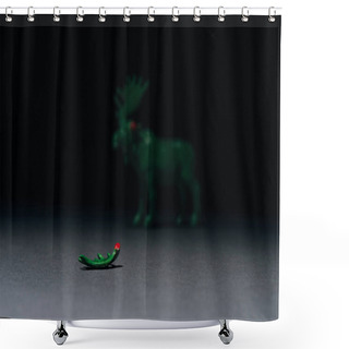 Personality  Selective Focus Of Horn With Blood And Toy Moose On Grey Background, Hunting For Horns Concept Shower Curtains