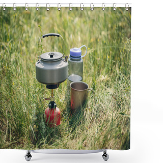 Personality  Boiling Water In Kettle On Portable Camping Stove Shower Curtains