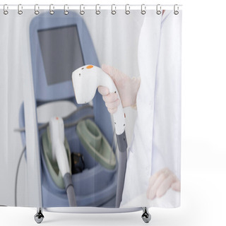 Personality  Cropped Shot Of Cosmetologist With Laser Hair Removal Apparatus In Salon Shower Curtains