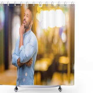 Personality  African American Man With Beard Thinking And Looking Up Expressing Doubt And Wonder At Night Shower Curtains