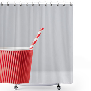 Personality  Close-up View Of Red Paper Cup With Drinking Straw Isolated On Grey Shower Curtains
