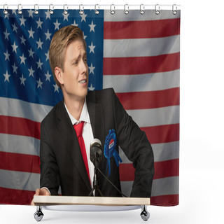 Personality  Confident Man On Tribune On American Flag Background Shower Curtains